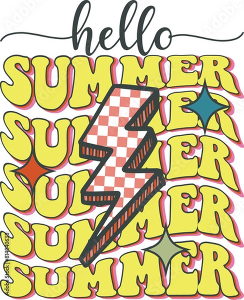 Fototapeta Hello summer Retro Groovy T-shirt, Summer T-shirt Design, Summer Vibes, Beach Quotes, Beach Vibes, Summer Quote, 70s Retro, Ocean, Vacation Quotes, Cut Files For Cricut and Silhouette
