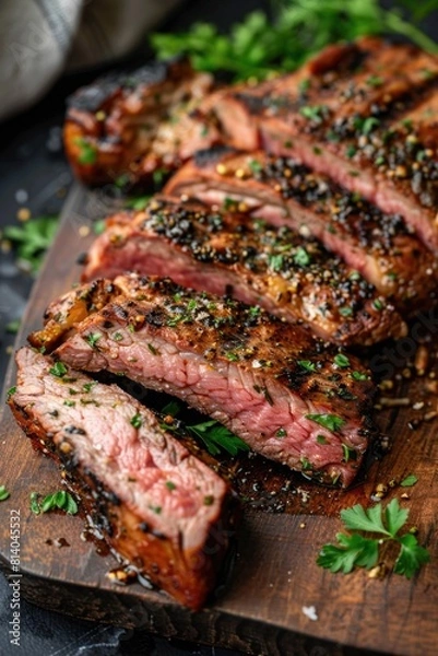 Fototapeta Piece of meat is cut into slices and garnished with parsley