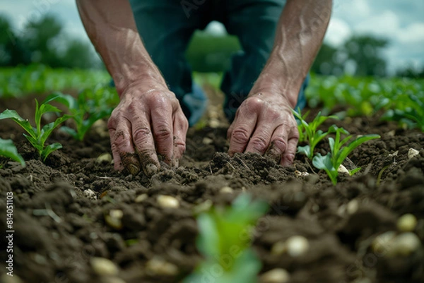 Fototapeta Farmer testing soil in the cornfield, emphasizing the quality control in ingredients for spirits,