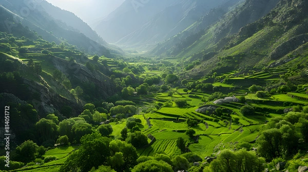 Obraz A photo of the green valleys of Panjshir, with lush vegetation as the background, during a vibrant spring day