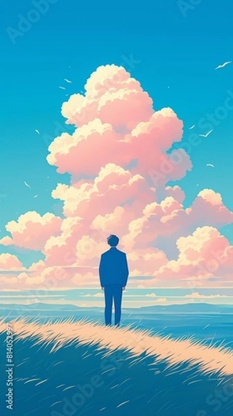 Obraz Solitary man stands field looking up large soft pink clouds in clear blue sky