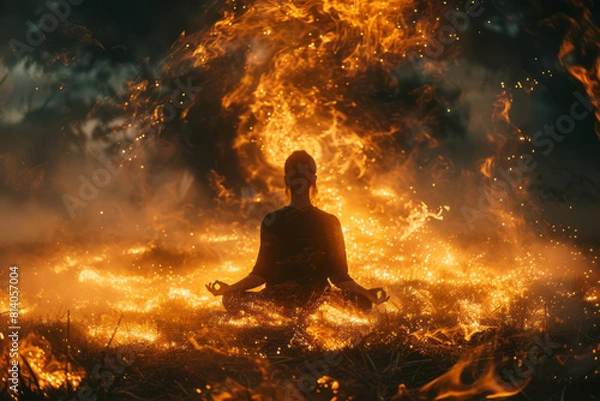 Fototapeta Visualization of a person meditating, with their aura expanding into cosmic patterns,