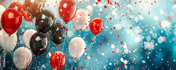 Obraz Festive black, white and red balloons and confetti against blue bokeh backdrop. Celebratory banner background for events, parties or special occasions like Father's Day, graduation or grand openings