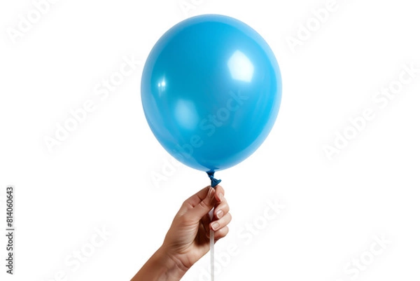Obraz A hand holding a blue balloon on a black background.
