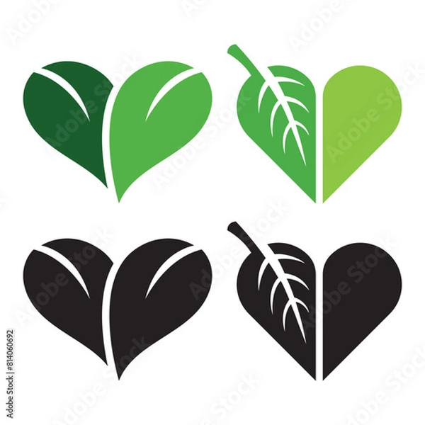Obraz heart shaped leaves icons, green and black logos,isolated vector illustration, design elements for eco,natural,vegan,bio themes