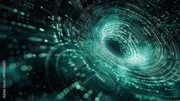 Fototapeta Cybernetic vortex, a spiraling core of matrix code drawing into darkness