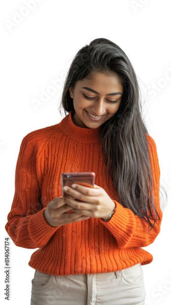 Obraz Joyful Young Indian Woman Smiling While Using Smartphone, Isolated on transparent background