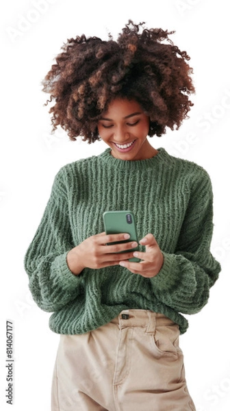 Obraz Portrait of a joyful young black woman in a green sweater, smiling as she interacts with her smartphone, isolated on a transparent background