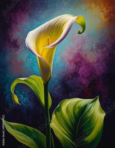 Fototapeta Close-up of beautiful yellow and white Calla Lily flower with colorful purple blue and orange abstract background
