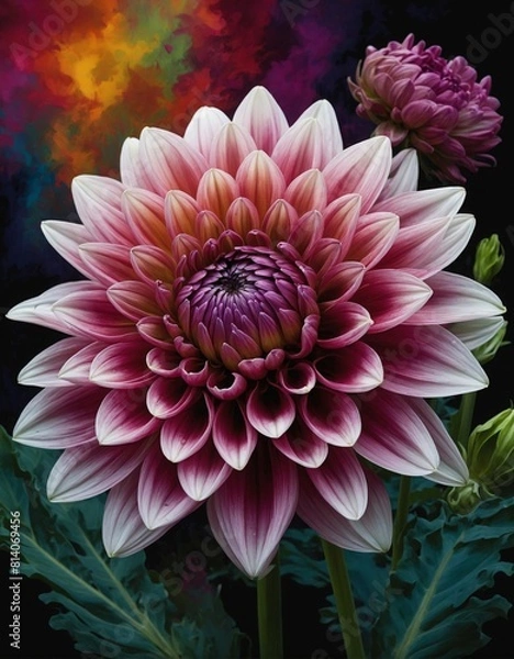 Fototapeta Close-up of a purple pink and white Chrysanthemum flower with a vibrant multi-colored background

