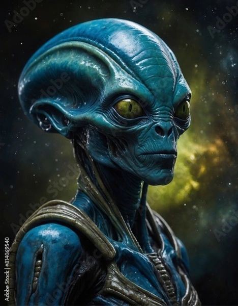 Fototapeta Strange futuristic alien creature with shiny blue and green skin a large head and huge yellow reptilian eyes abstract space scene as background