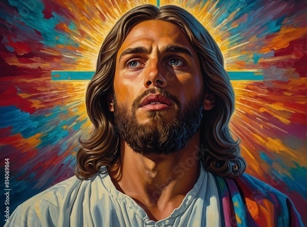 Fototapeta Modern Illustration of Jesus Christ with flowing long hair and beard wearing a shirt surrounded by a vibrant colorful background