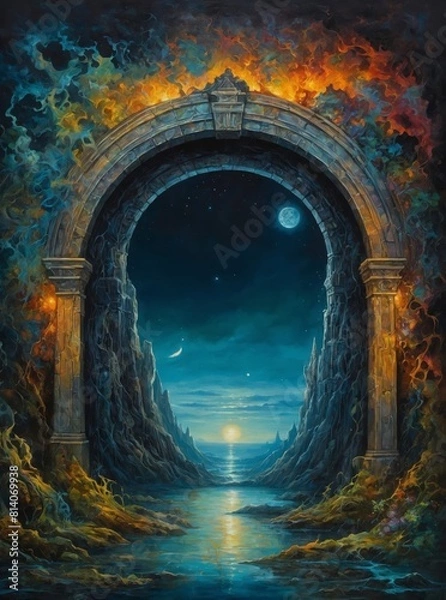 Fototapeta Amazing ancient mystical fantasy archway portal to another world huge arches with vibrant multi-colored flames above them and a river below