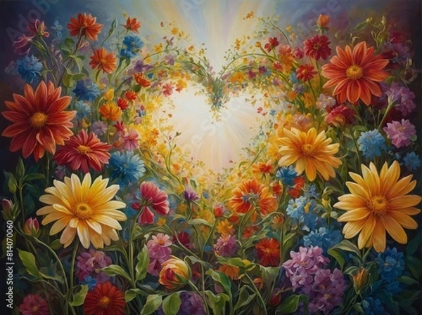 Fototapeta Huge field of flowers forming into a heart shape illuminated by glowing sunlight beautiful vibrant flower colors 