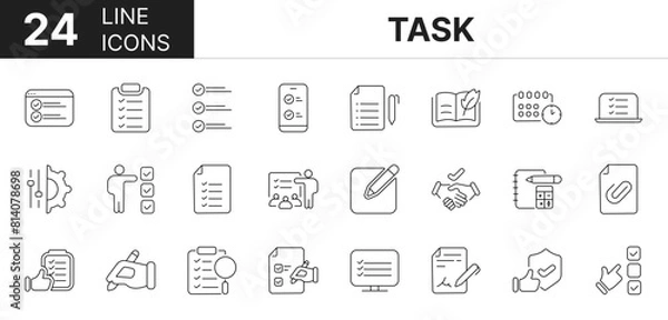 Obraz Collection of 24 task line icons featuring editable strokes. These outline icons depict various modes of task, plan, checklist, action, appointment,