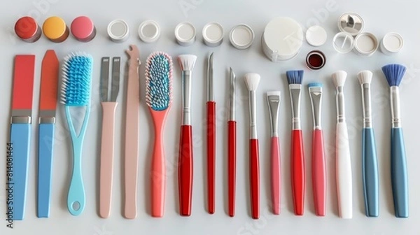 Fototapeta collection of pedicure tools, including foot files and nail polish, displayed for spa use, isolated on white.