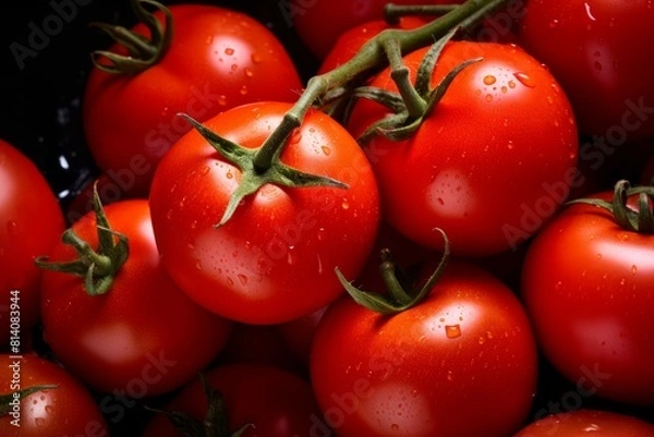 Obraz Close-up of ripe red tomatoes with water droplets on a dark background