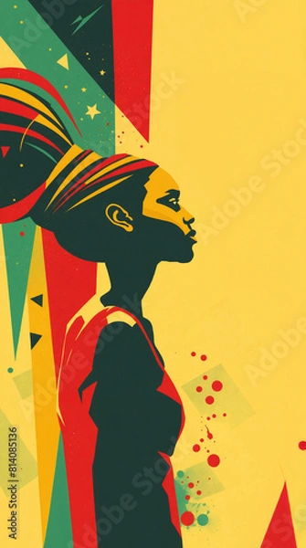 Fototapeta Juneteenth Freedom Day Celebration, abstract African American woman with red, green colors on yellow background, liberation holiday from slavery, black history month