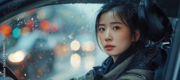 Fototapeta a confident woman is sitting in a car