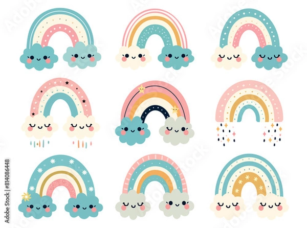 Fototapeta A set of drawings, cute rainbows, with clouds and rain in boho style-spike Children's stickers, icons for albums, vector