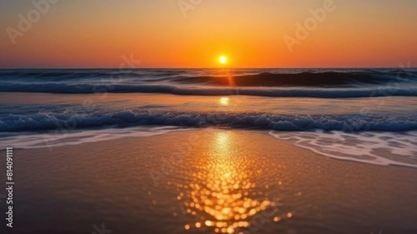 Fototapeta Golden sunset sky reflecting in the water, close-up view from the shore. Setting sun. Waves texture. relax and resort