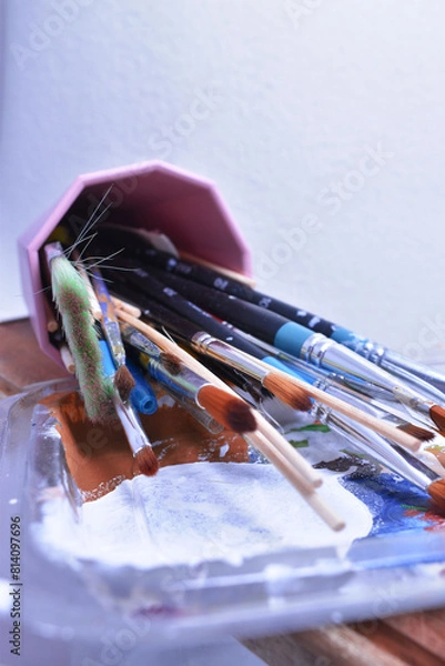 Fototapeta a set of dirty brushes and paintbrushes from having painted too much