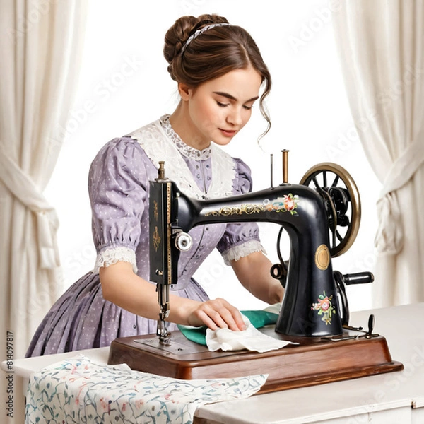Fototapeta Watercolor drawing of a beautiful girl seamstress in an ancient dress sews on a sewing machine. Illustration for a sewing studio in the style of the nineteenth century.
