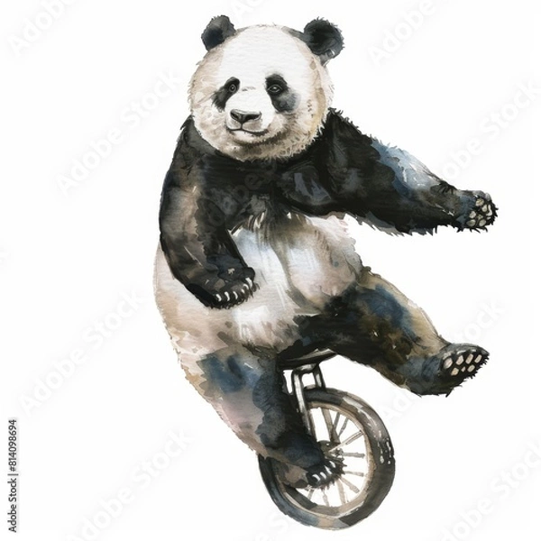 Fototapeta A whimsical watercolor painting of a panda bear riding a unicycle
