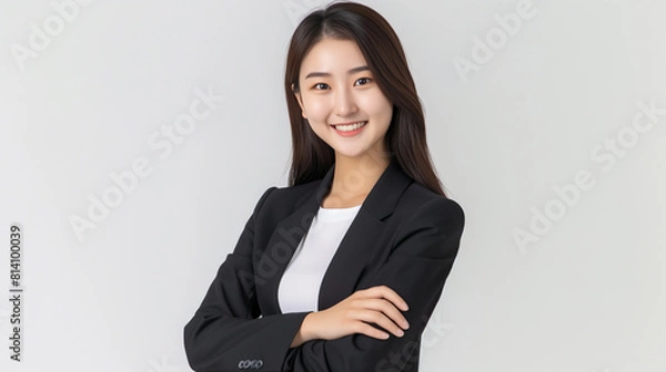 Fototapeta A very pretty 25-year-old Taiwanese girl with a smile on her face, wearing a white plain T-shirt and a dark suit jacket, arms crossed and still clasped in front of her chest