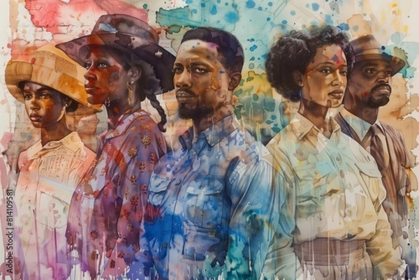 Fototapeta Juneteenth History Month colourful abstract illustration of Diverse representations of African-American across different fields 