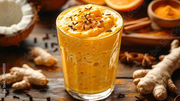 Fototapeta A glass of a drink with a garnish of cinnamon and ginger on a table. The drink is a mix of orange juice and milk