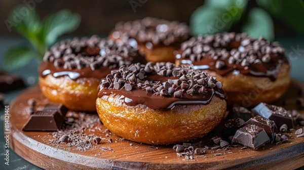 Fototapeta A row of donuts with chocolate sprinkles on top. The donuts are arranged on a metal rack