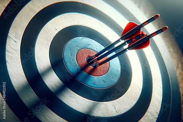 Fototapeta target close up with three arrows hitting the bull's eye in the center, success concept