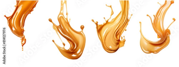 Fototapeta Elegant Caramel Splashes Artfully Captured, Set of Smooth Caramel Swirls and Drizzles on Transparent Background.