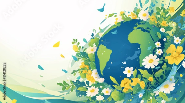 Fototapeta World Environment Day Illustration: Planet Earth with Plants and Flowers. Copy Space, Banner. Generative AI