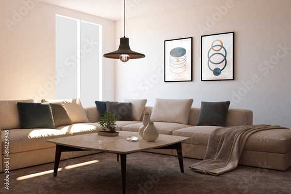 Fototapeta Interior design with photoframes and couch