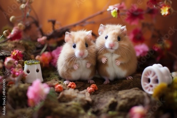 Fototapeta Charming photo of a pair of cute hamsters surrounded by vibrant spring flowers and decorations