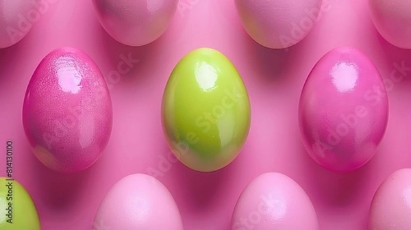 Fototapeta   A row of pink and green eggs with one green egg centrally placed among them