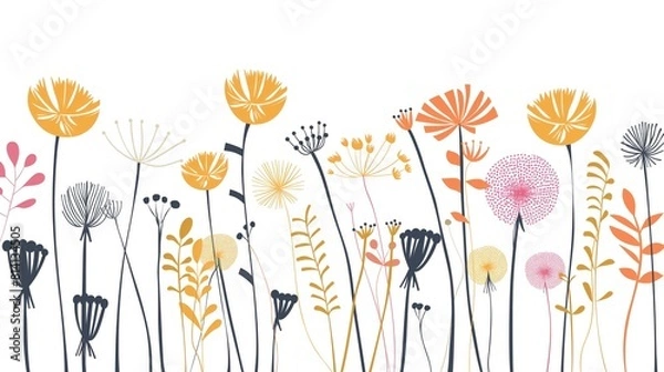 Fototapeta an artistic and colorful representation of dandelion flowers, each in various stages of bloom, with intricate details and dynamic movement.