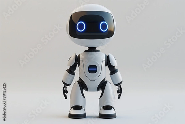 Fototapeta A robot with blue eyes stands in front of a white background