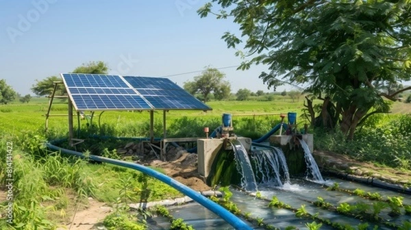Fototapeta Sustainable Agriculture: Solar-Powered Irrigation in Lush Green Fields
