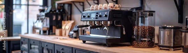 Obraz Coffee machine with frothing pitcher and cups on the counter in a coffee shop.