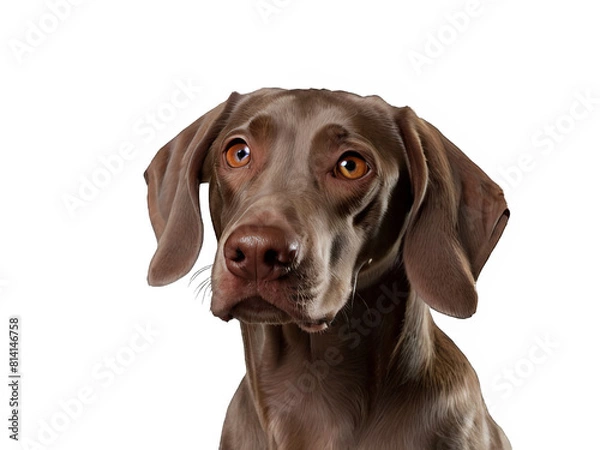 Obraz Cute playful dog or pet playing and looking happy isolated on transparent background. A small brown weimaraner posing. Cute and happy dog ​​head on transparent png