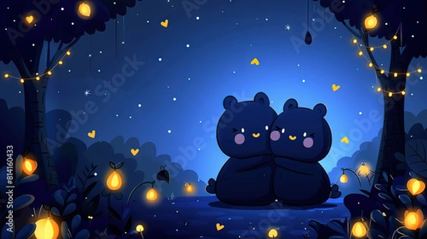 Fototapeta   A couple of black bears sit together in a forest at night under glowing tree lights