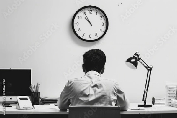 Fototapeta Man working late night in office with clock showing time overhead