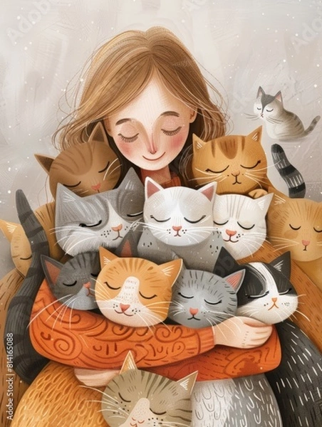 Fototapeta A girl is hugging a lot of cats. She has a happy expression on her face. The cats are of different colors and sizes.