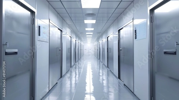 Fototapeta A look down the aisle of fridges in a clean white ward