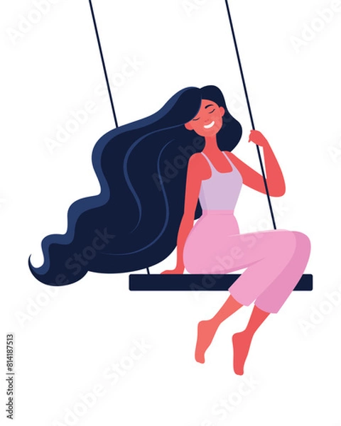 Fototapeta Vector illustration in flat magazine style. A young woman sits serenely on a swing. The concept of an easy and happy life, prosperity and tranquility