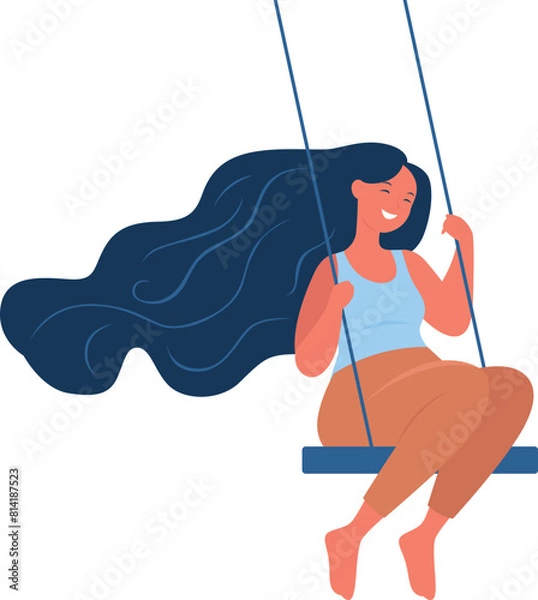 Fototapeta A girl swings on a swing. Carefree and happy young woman laughs while sitting on a rope swing. Vector flat illustration