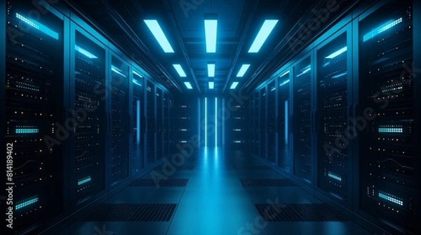 Fototapeta Modern Large Data Center with Glowing Blue Lights on Server Racks